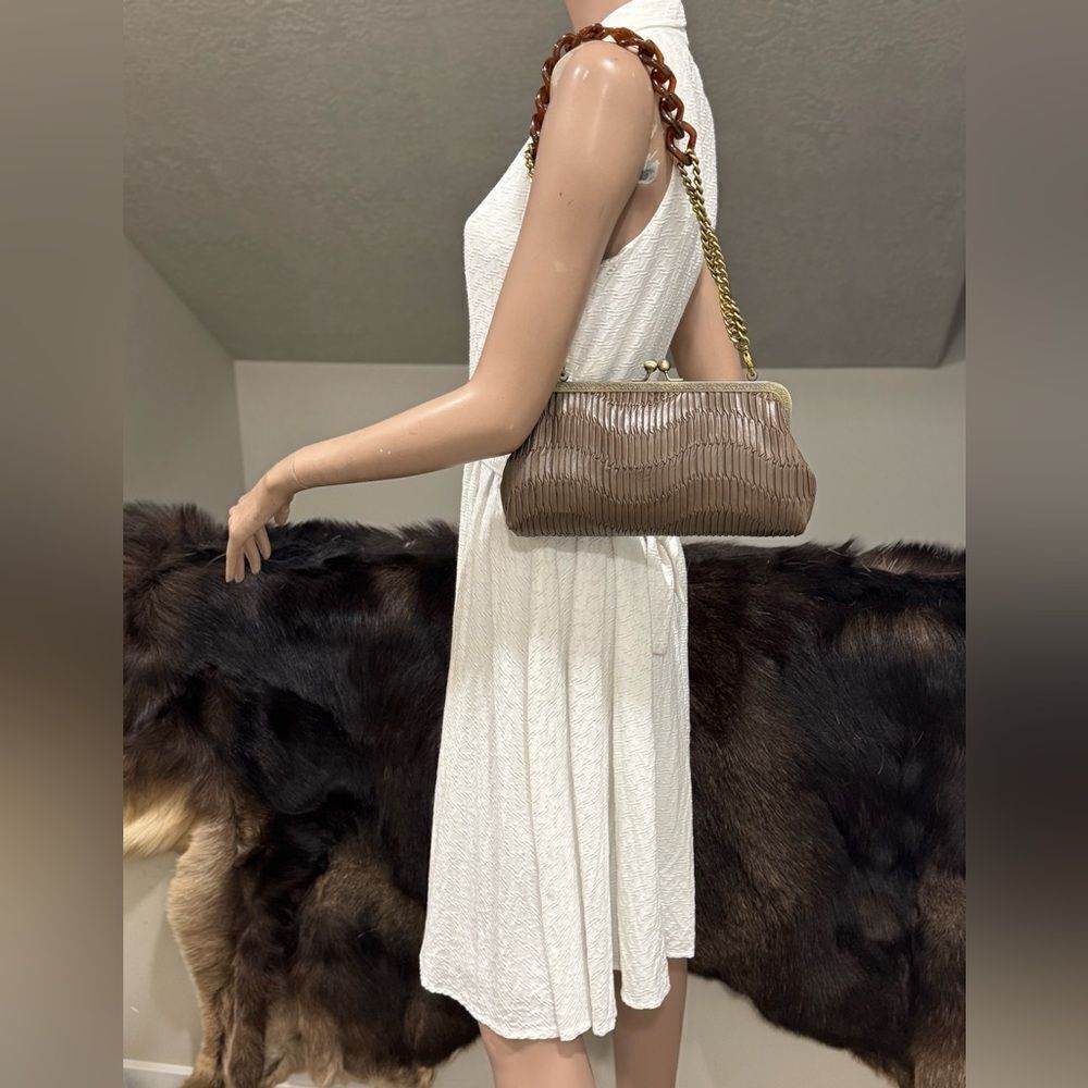 Brownish Pleated Genuine Leather Handmade Retro Kisslock Clutch, Multi Use Purse - Picture 2 of 16